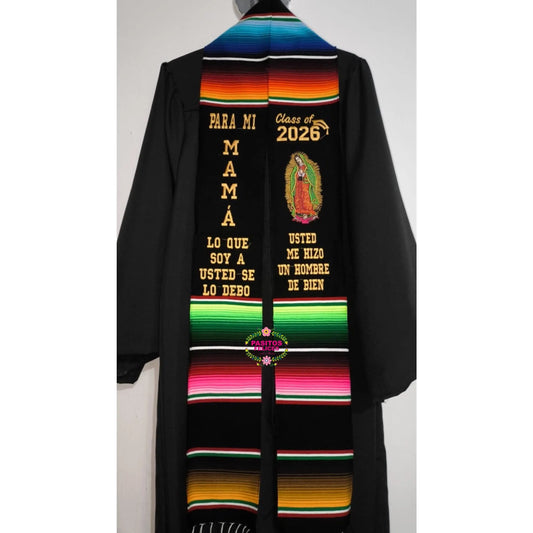 *2026* Gracias Mamá (Hombre) Virgen Black Graduation Stole Sarape Sash in STOCK