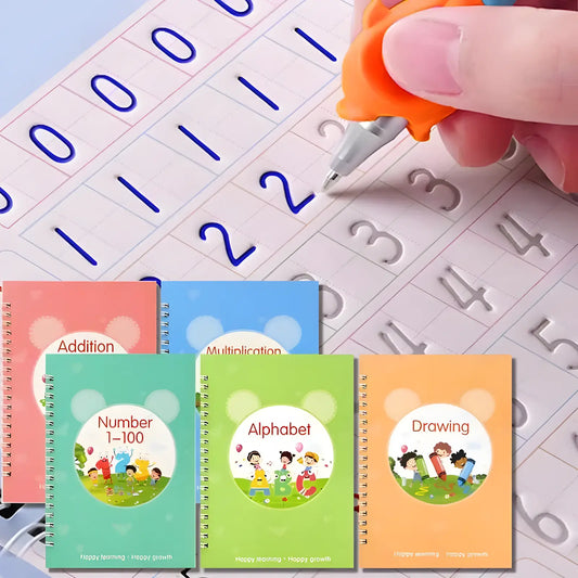 Magic Grooved Practice Copybook 5 Pack with Pens, Reusable Handwriting Workbooks for Kids, Learn to Write Letters, Numbers & Math, Tracing Activity Book, Visual Learning Tools, Student School Supplies