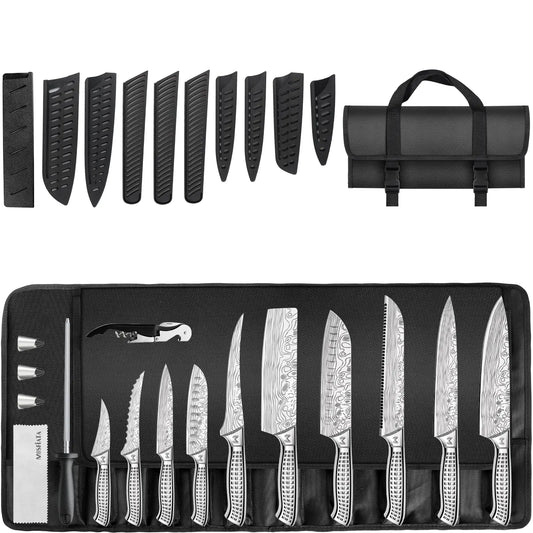 Mosfiata Kitchen Knife Set, 17 Pcs Japanese Stainless Steel Knife Sets for Kitchen with Oxford Cloth Storage Bag with Knife Sharpening Rod, Dishwasher Safe, for Outdoor