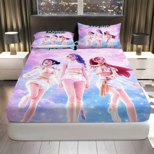 3Pcs Fantasy Anime Galaxy Fitted Sheet Three Piece Set (1*Fitted Sheet+2*Pillowcases, Coreless), Birthday Theme, Demon Hunters Bedding Set, Mattress Protector Soft, Breathable