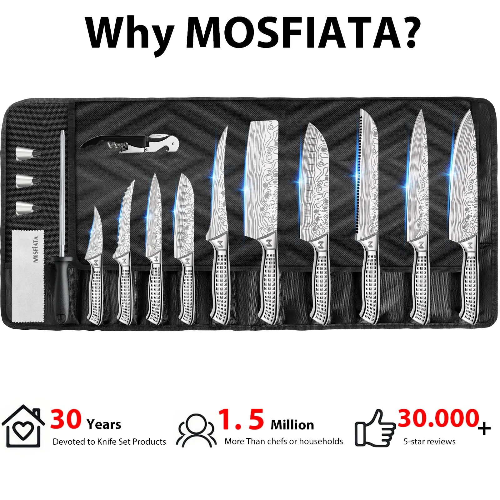Mosfiata Kitchen Knife Set, 17 Pcs Japanese Stainless Steel Knife Sets for Kitchen with Oxford Cloth Storage Bag with Knife Sharpening Rod, Dishwasher Safe, for Outdoor
